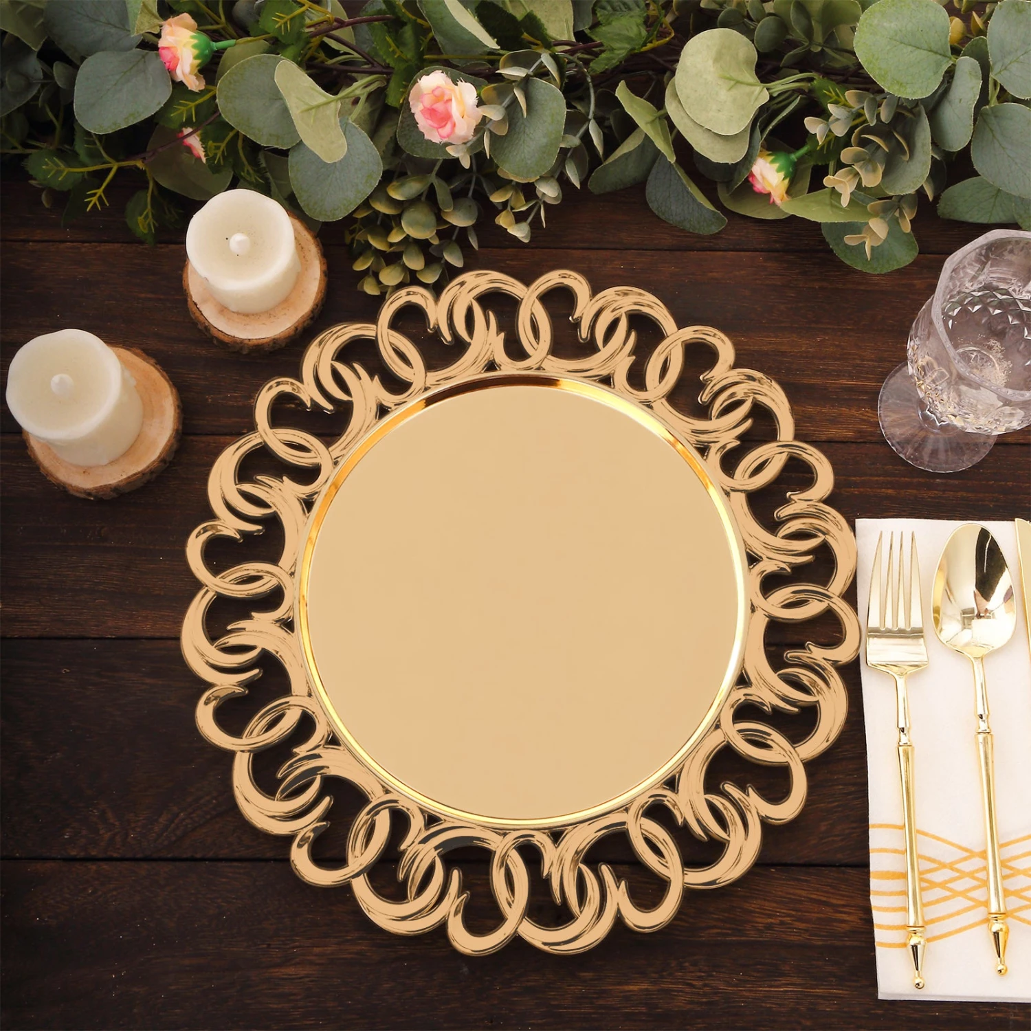 6 Pack Gold Plastic Charger Plates With Entwined Swirl Rim, 13" Round Disposable Serving Plates 6 6 Pack Gold Plastic Charger Plates With Entwined Swirl Rim, 13" Round Disposable Serving Plates - Image 6