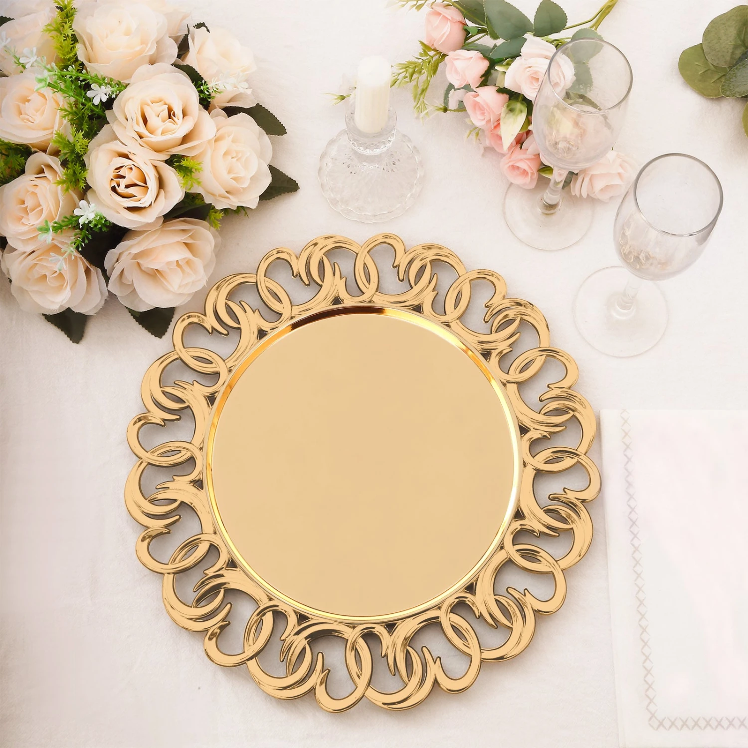 6 Pack Gold Plastic Charger Plates With Entwined Swirl Rim, 13" Round Disposable Serving Plates 7 6 Pack Gold Plastic Charger Plates With Entwined Swirl Rim, 13" Round Disposable Serving Plates - Image 7