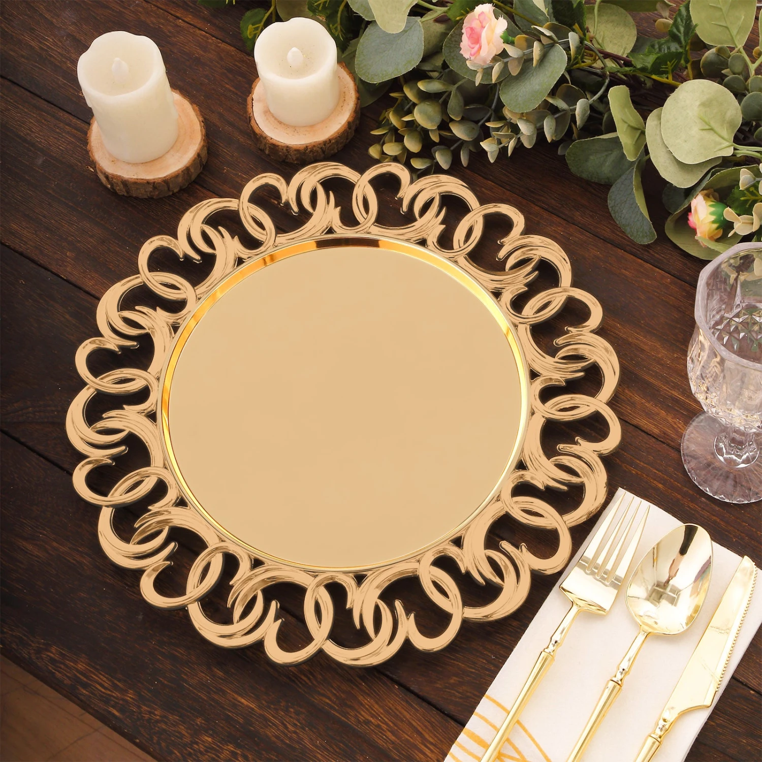 6 Pack Gold Plastic Charger Plates With Entwined Swirl Rim, 13" Round Disposable Serving Plates 2 6 Pack Gold Plastic Charger Plates With Entwined Swirl Rim, 13" Round Disposable Serving Plates - Image 2