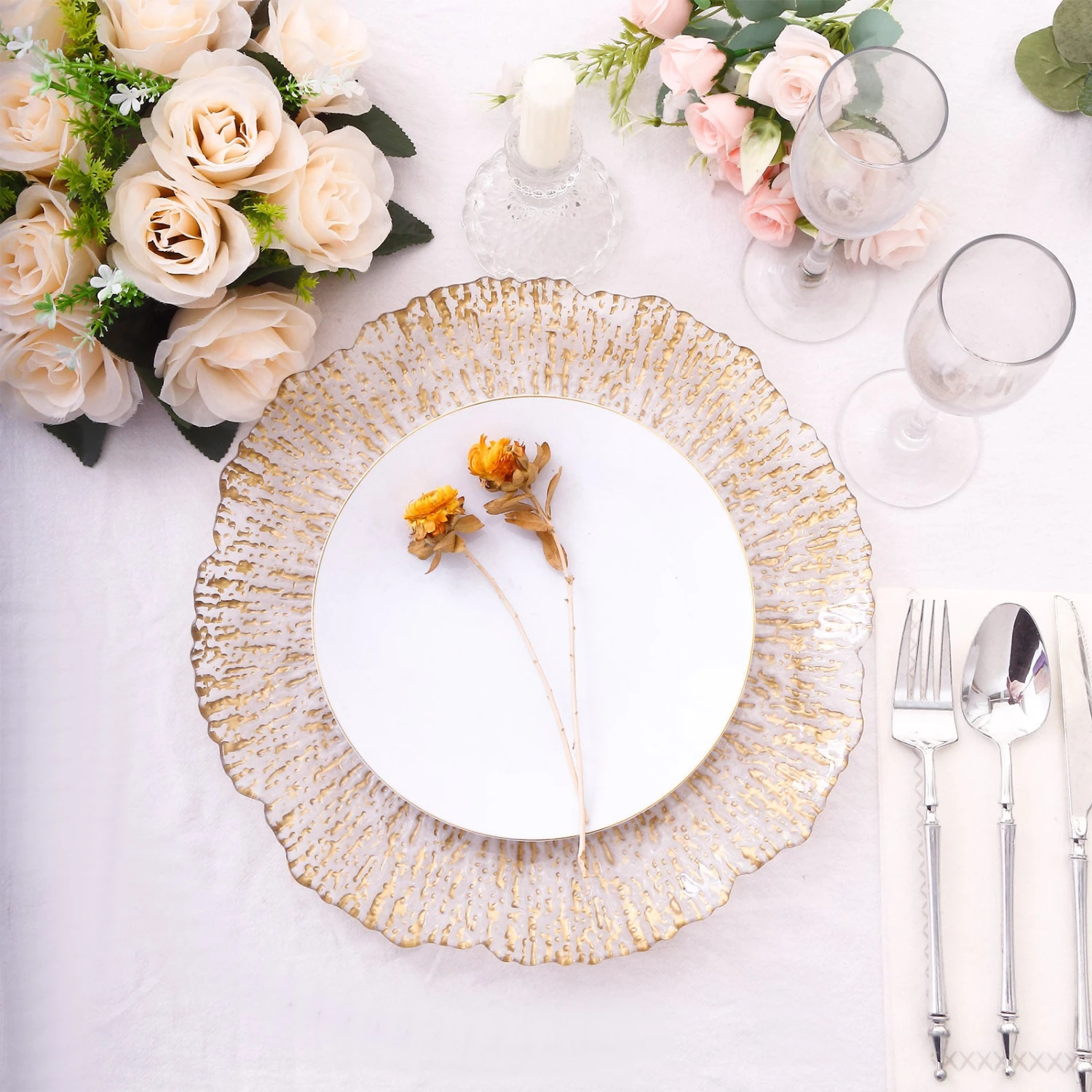 6 Pack Clear Plastic Charger Plates With Gold Reef Rim, 12" Round Scalloped Disposable Serving Plates 5 6 Pack Clear Plastic Charger Plates With Gold Reef Rim, 12" Round Scalloped Disposable Serving Plates - Image 5