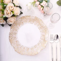 6 Pack Clear Plastic Charger Plates With Gold Reef Rim, 12" Round Scalloped Disposable Serving Plates 20 6 Pack Clear Plastic Charger Plates With Gold Reef Rim, 12" Round Scalloped Disposable Serving Plates -Home Decor Promotional Store CHRG PLST0044 12 CLGD D06