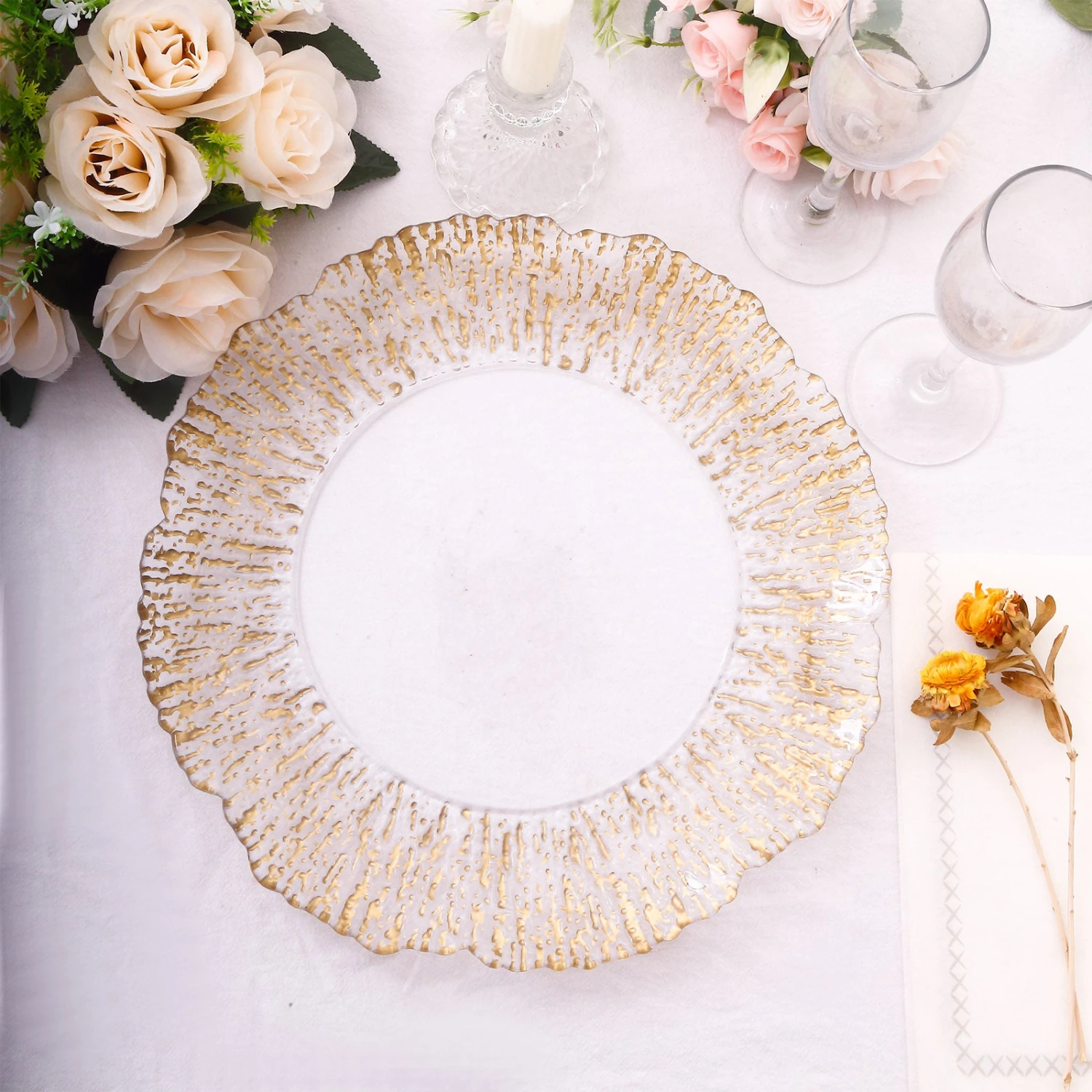 6 Pack Clear Plastic Charger Plates With Gold Reef Rim, 12" Round Scalloped Disposable Serving Plates 1 6 Pack Clear Plastic Charger Plates With Gold Reef Rim, 12" Round Scalloped Disposable Serving Plates