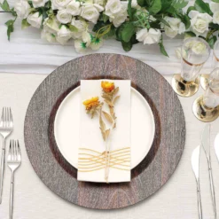 6 Pack Boho Chic Faux Wood Plastic Charger Plates, Round Rustic Service Plates 13" -Home Decor Promotional Store CHRG PLST1303W BRN D01
