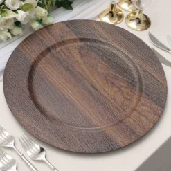 6 Pack Boho Chic Faux Wood Plastic Charger Plates, Round Rustic Service Plates 13" -Home Decor Promotional Store CHRG PLST1303W BRN 01