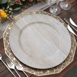 6 Pack Boho Chic Faux Wood Plastic Charger Plates, Round Rustic Service Plates 13" -Home Decor Promotional Store CHRG PLST1303W GRAY D06