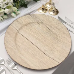 6 Pack Boho Chic Faux Wood Plastic Charger Plates, Round Rustic Service Plates 13"