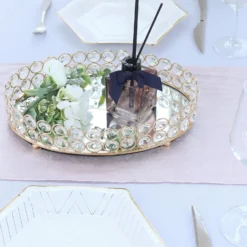 Gold Metal Crystal Beaded Mirror Oval Vanity Serving Tray, Decorative Tray -Home Decor Promotional Store CHRG TRAY002 12 GOLD D05.progressive 6000cc5c 2cf4 4540 808f 8cc171a47409