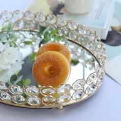 Gold Metal Crystal Beaded Mirror Oval Vanity Serving Tray, Decorative Tray -Home Decor Promotional Store CHRG TRAY002 12 GOLD D06 grande.progressive 07bb4baf 8780 4c4e 9516 e39c15f24657