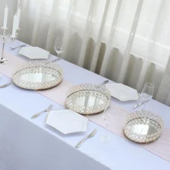 Gold Metal Crystal Beaded Mirror Oval Vanity Serving Tray, Decorative Tray