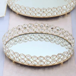 Gold Metal Crystal Beaded Mirror Oval Vanity Serving Tray, Decorative Tray -Home Decor Promotional Store CHRG TRAY002 12 GOLD 01.progressive 0dfaed47 c400 41a5 86d3 50c3ba368771