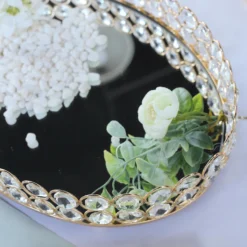 Gold Metal Crystal Beaded Mirror Oval Vanity Serving Tray, Decorative Tray -Home Decor Promotional Store CHRG TRAY002 14 GOLD D06.progressive 5c5a31a3 2633 477a 8d6b 14d469e4847b