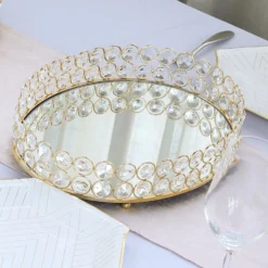 Gold Metal Crystal Beaded Mirror Oval Vanity Serving Tray, Decorative Tray -Home Decor Promotional Store CHRG TRAY002 14 GOLD 02.progressive ac4fd8ef fd56 42ac a9d6 067414b8d6ad