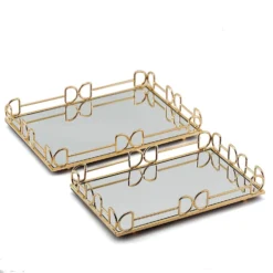Set Of 2 | Gold Rectangle Mirror Decorative Vanity Serving Trays - 13"x9" | 14"x10" -Home Decor Promotional Store CHRG TRAY003 SET GOLD 99