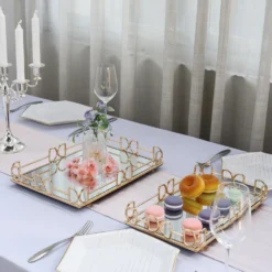 Set Of 2 | Gold Rectangle Mirror Decorative Vanity Serving Trays - 13"x9" | 14"x10" -Home Decor Promotional Store CHRG TRAY003 SET GOLD 02