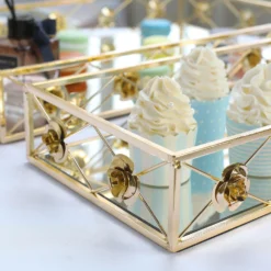 Set Of 2 | Gold Metal Decorative Vanity Serving Trays, Rose Bordered Rectangle Mirrored Trays - 19"x12" | 15"x8" -Home Decor Promotional Store CHRG TRAY004 SET GOLD D011