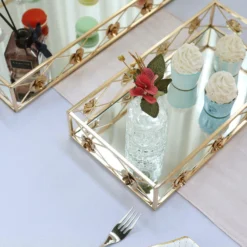 Set Of 2 | Gold Metal Decorative Vanity Serving Trays, Rose Bordered Rectangle Mirrored Trays - 19"x12" | 15"x8" -Home Decor Promotional Store CHRG TRAY004 SET GOLD D06