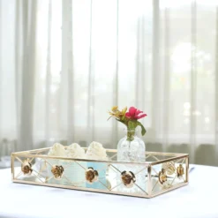 Set Of 2 | Gold Metal Decorative Vanity Serving Trays, Rose Bordered Rectangle Mirrored Trays - 19"x12" | 15"x8"