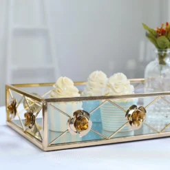 Set Of 2 | Gold Metal Decorative Vanity Serving Trays, Rose Bordered Rectangle Mirrored Trays - 19"x12" | 15"x8" -Home Decor Promotional Store CHRG TRAY004 SET GOLD D09