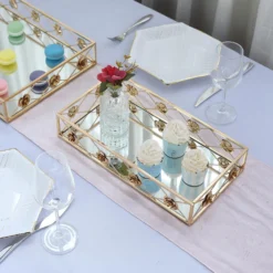 Set Of 2 | Gold Metal Decorative Vanity Serving Trays, Rose Bordered Rectangle Mirrored Trays - 19"x12" | 15"x8" -Home Decor Promotional Store CHRG TRAY004 SET GOLD 02