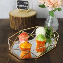 Gold Metal Geometric Mirrored Serving Tray, Octagon Vanity Decorative Tray - 14"x9" -Home Decor Promotional Store CHRG TRAY007 14 GOLD 02