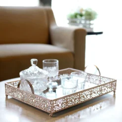Fleur De Lis Metal Decorative Vanity Serving Tray With Handles, Rectangle Mirrored Tray - 16"x12"