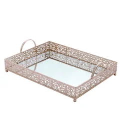Fleur De Lis Metal Decorative Vanity Serving Tray With Handles, Rectangle Mirrored Tray - 16"x12" -Home Decor Promotional Store CHRG TRAY010 16 054 D09