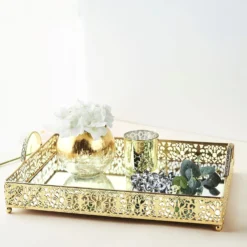 Fleur De Lis Metal Decorative Vanity Serving Tray With Handles, Rectangle Mirrored Tray - 16"x12" -Home Decor Promotional Store CHRG TRAY010 16 GOLD D09.progressive 9deb4797 d97e 494e b667 3417b4cc21ce
