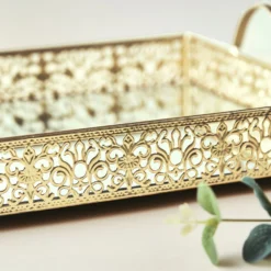 Fleur De Lis Metal Decorative Vanity Serving Tray With Handles, Rectangle Mirrored Tray - 16"x12" -Home Decor Promotional Store CHRG TRAY010 16 GOLD D10.progressive ce8a5194 f2c6 47f2 8206 586a115f55b1