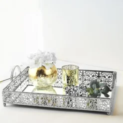 Fleur De Lis Metal Decorative Vanity Serving Tray With Handles, Rectangle Mirrored Tray - 16"x12" -Home Decor Promotional Store CHRG TRAY010 16 SILV D09