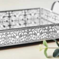 Fleur De Lis Metal Decorative Vanity Serving Tray With Handles, Rectangle Mirrored Tray - 16"x12" -Home Decor Promotional Store CHRG TRAY010 16 SILV D10.progressive f7f8fe99 6194 482e bb43 cb871d3d5b5a