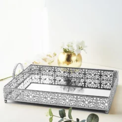 Fleur De Lis Metal Decorative Vanity Serving Tray With Handles, Rectangle Mirrored Tray - 16"x12" -Home Decor Promotional Store CHRG TRAY010 16 SILV 01 f69fddb1 4b03 470b 93de fcc9e134bdf1