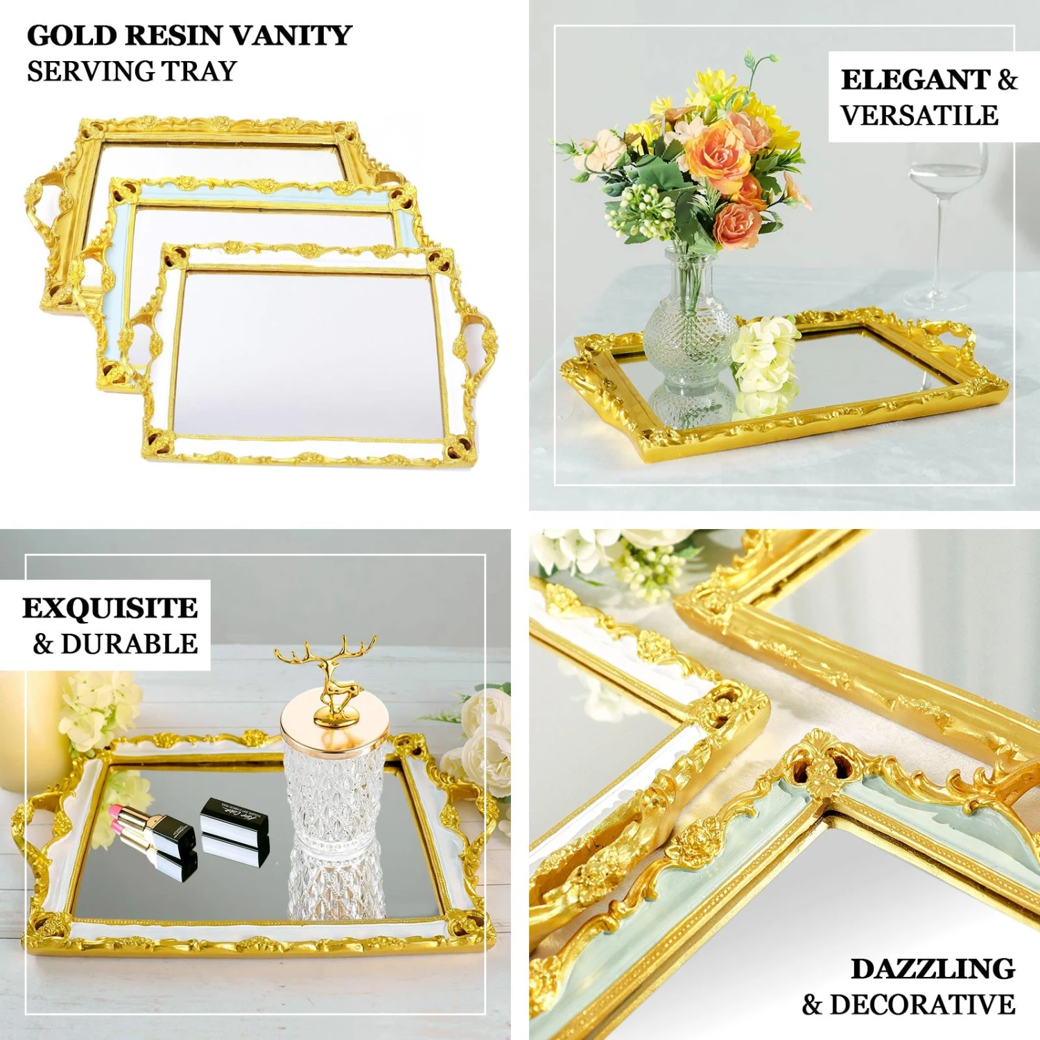 Metallic Resin Decorative Vanity Serving Tray, Rectangle Mirrored Tray - 15"x10" 2 Metallic Resin Decorative Vanity Serving Tray, Rectangle Mirrored Tray - 15"x10" - Image 2