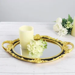 Metallic Oval Resin Decorative Vanity Serving Tray, Mirrored Tray With Handles - 14"x10"