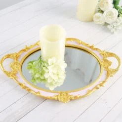 Metallic Oval Resin Decorative Vanity Serving Tray, Mirrored Tray With Handles - 14"x10" -Home Decor Promotional Store CHRG TRAY012 15 PINK D03.progressive dfd90cd7 6a5e 4fb5 bbc2 4466470b6f33