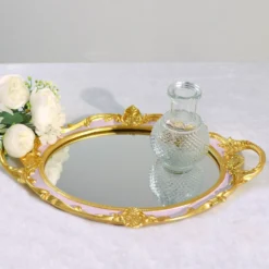 Metallic Oval Resin Decorative Vanity Serving Tray, Mirrored Tray With Handles - 14"x10" -Home Decor Promotional Store CHRG TRAY012 15 PINK D09.progressive 3333464f f605 45b6 a701 b2d5b5c28d94