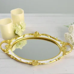 Metallic Oval Resin Decorative Vanity Serving Tray, Mirrored Tray With Handles - 14"x10" -Home Decor Promotional Store CHRG TRAY012 15 WHT 01.progressive 3e948061 f18f 4d20 ac20 eda0147a2787