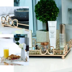 Set Of 2 | Gold Rectangle Mirror Decorative Vanity Serving Trays - 13"x9" | 14"x10" -Home Decor Promotional Store CHRG TRAY SET GOLD EBC1