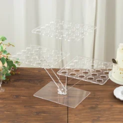 Clear 3-Tier Acrylic 72-Slot Mini Cupcake Display Stand, Foldable Plastic Shot Glass Ice Cream Cone Tray 18" Tall