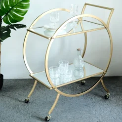 Gold Metal 2-Tier Bar Cart Mirror Serving Tray Kitchen Trolley, Round Teacart Island Cart 2.5ft Tall -Home Decor Promotional Store FURN CART 001 GOLD 01.progressive 89f47e48 ee9c 4ce1 b827 4e9bc3871a9b