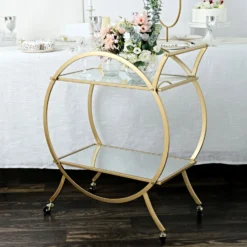 Gold Metal 2-Tier Bar Cart Mirror Serving Tray Kitchen Trolley, Round Teacart Island Cart 2.5ft Tall -Home Decor Promotional Store FURN CART 001 GOLD 02.progressive 72f3b87a 29f4 4580 b2d1 77a35ea37ebd