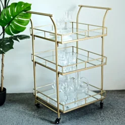 Gold Metal 3-Tier Bar Cart Mirror Serving Tray Kitchen Trolley, Teacart Island Trolley 3ft Tall -Home Decor Promotional Store FURN CART 002 GOLD D05.progressive e8a11d58 87e3 4f46 96a5 7e17f8b76811