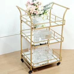 Gold Metal 3-Tier Bar Cart Mirror Serving Tray Kitchen Trolley, Teacart Island Trolley 3ft Tall