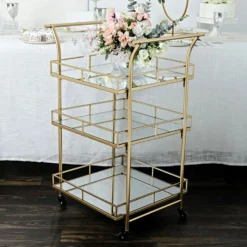 Gold Metal 3-Tier Bar Cart Mirror Serving Tray Kitchen Trolley, Teacart Island Trolley 3ft Tall -Home Decor Promotional Store FURN CART 002 GOLD 02.progressive 78ca802a 04f4 4ae2 ab15 d4b876a33444