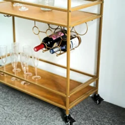 Gold Metal 2-Tier Bar Cart Wine Rack With Wooden Serving Trays, Kitchen Trolley With 5 Wine Bottles & 2 Wine Glass Holder Rack 3ft -Home Decor Promotional Store FURN CART 003 GOLD D04.progressive 993439a6 1377 402a 8037 11d2c18368ac