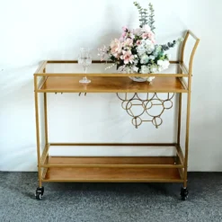 Gold Metal 2-Tier Bar Cart Wine Rack With Wooden Serving Trays, Kitchen Trolley With 5 Wine Bottles & 2 Wine Glass Holder Rack 3ft -Home Decor Promotional Store FURN CART 003 GOLD D06.progressive 90c7dfcb dfd5 4a8f a825 3a5e0c474dfd