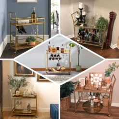 Gold Metal 2-Tier Bar Cart Wine Rack With Wooden Serving Trays, Kitchen Trolley With 5 Wine Bottles & 2 Wine Glass Holder Rack 3ft -Home Decor Promotional Store FURN CART 003 GOLD EBC2