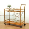 Gold Metal 2-Tier Bar Cart Wine Rack With Wooden Serving Trays, Kitchen Trolley With 5 Wine Bottles & 2 Wine Glass Holder Rack 3ft