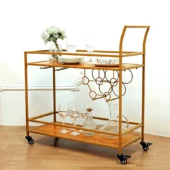 Gold Metal 2-Tier Bar Cart Wine Rack With Wooden Serving Trays, Kitchen Trolley With 5 Wine Bottles & 2 Wine Glass Holder Rack 3ft