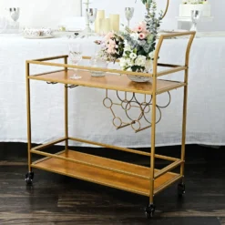 Gold Metal 2-Tier Bar Cart Wine Rack With Wooden Serving Trays, Kitchen Trolley With 5 Wine Bottles & 2 Wine Glass Holder Rack 3ft -Home Decor Promotional Store FURN CART 003 GOLD 02.progressive d0cb9eb0 2822 4224 a8a4 7386c124835a