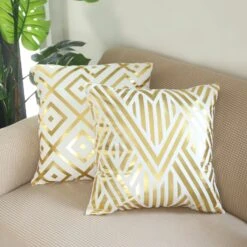 Set Of 4 | 18" White/Gold Foil Geometric Print Throw Pillow Covers, Velvet Square Sofa Cushion Covers -Home Decor Promotional Store FURN PLW FOIL02 SET1 WHT D02
